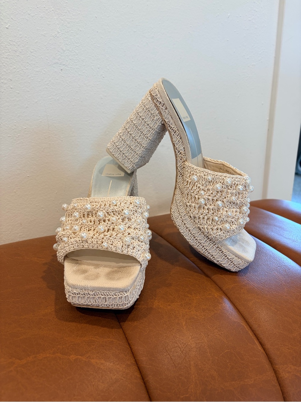 Dolce Vita Cream Crochet Pearl Platform Sandals
